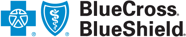 BlueCross BlueShield logo with a blue cross containing a human figure and a blue shield with a white caduceus, accompanied by black 'BlueCross BlueShield' text.