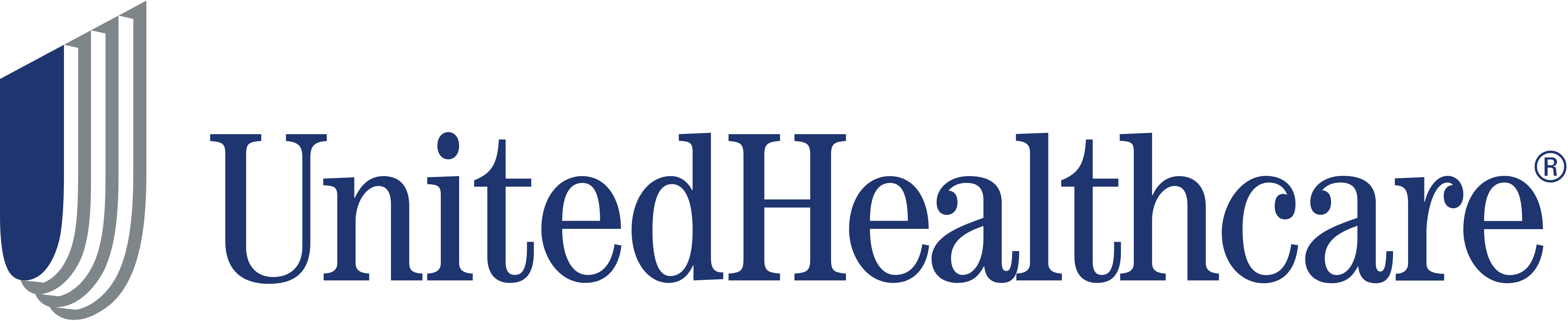 UnitedHealthcare logo featuring a stylized 'U' in shades of blue and gray, alongside the text 'UnitedHealthcare' in a dark blue serif font with a registered trademark symbol.